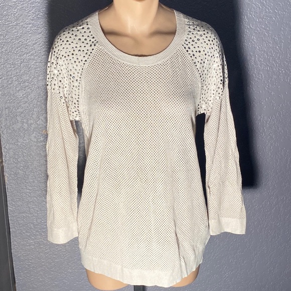 EXPRESS - NWT - cream sheer mesh knit l/s sweater w silver studded shoulders - L - Picture 2 of 16